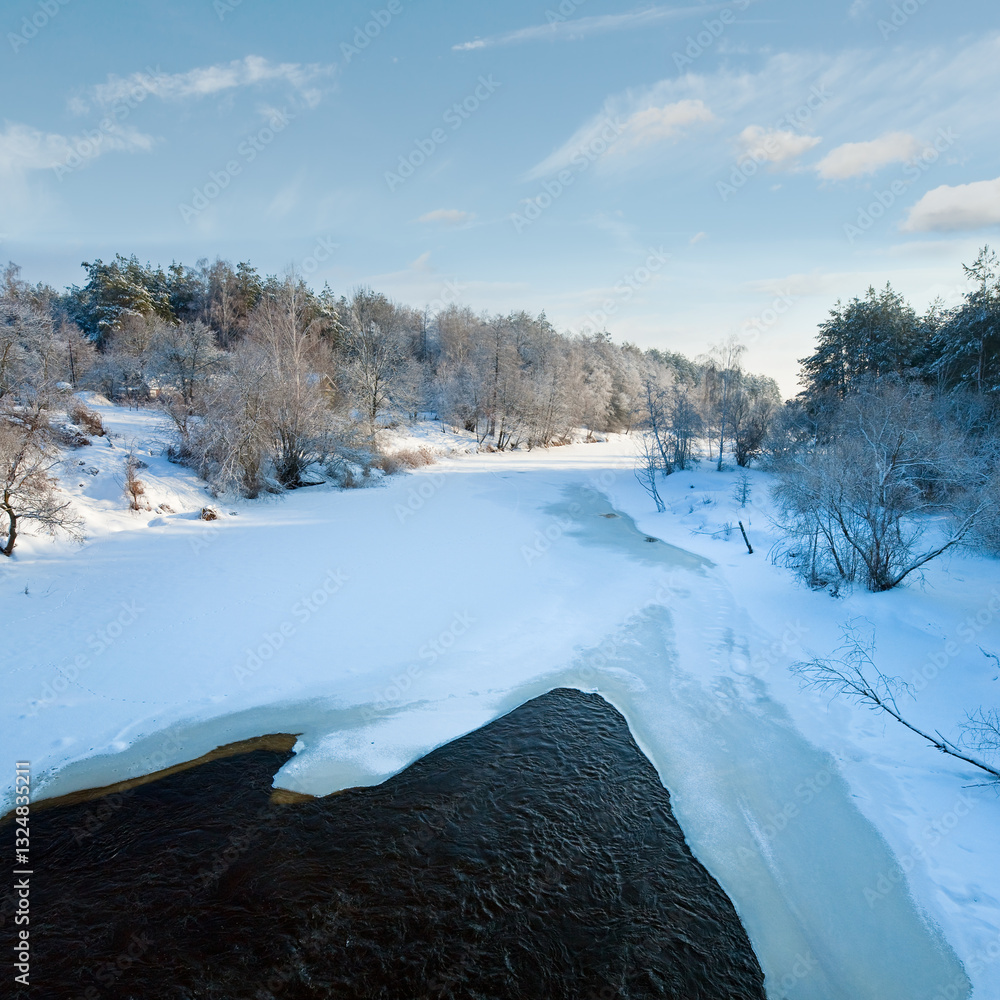 Beautiful evening calm view of winter river from bridge
