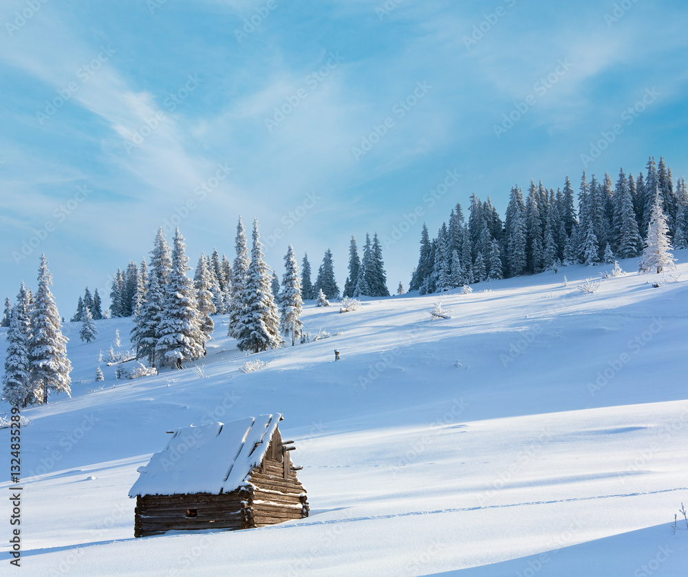 winter calm mountain landscape with shed (Kukol Mount, Carpathian Mountains, Ukraine)