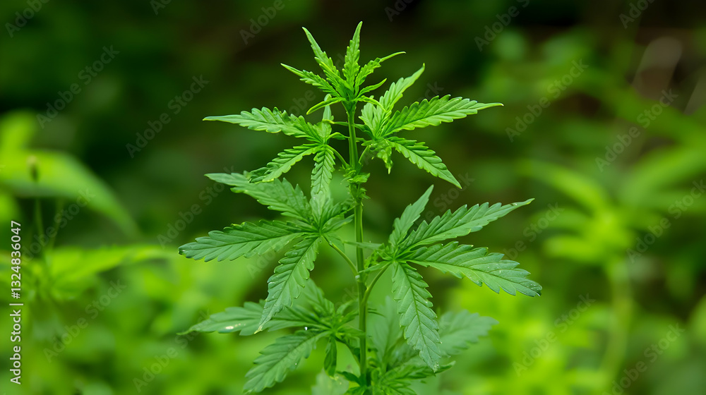 Detailed Close Up View Of Green Cannabis Plant In Nature With Blurred Green Background