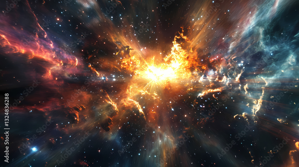 Naklejka premium Dazzling cosmic explosion illuminating the vast interstellar expanse. Ecliptic Light. Illustration