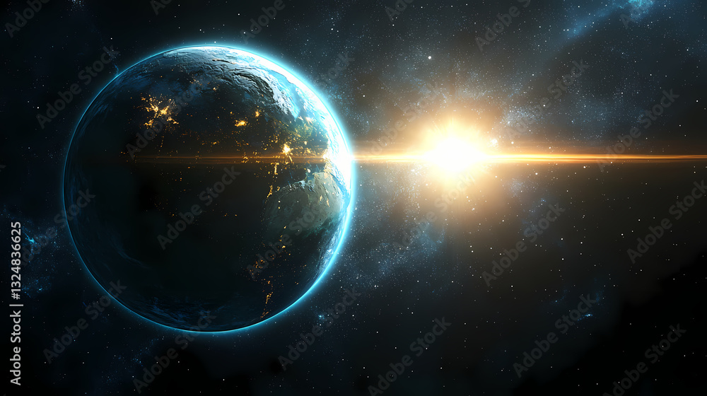 Fototapeta premium Earth in a precise orbital alignment, suns light piercing the vastness of space earth sun orbit, astronomical precision. Ecliptic Light. Illustration