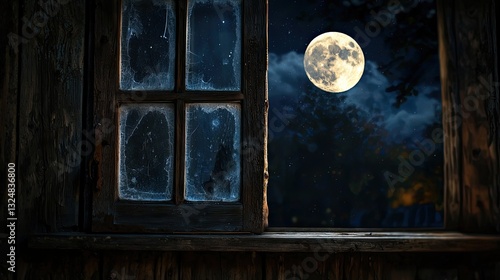 A rustic window frames a full moon at night
