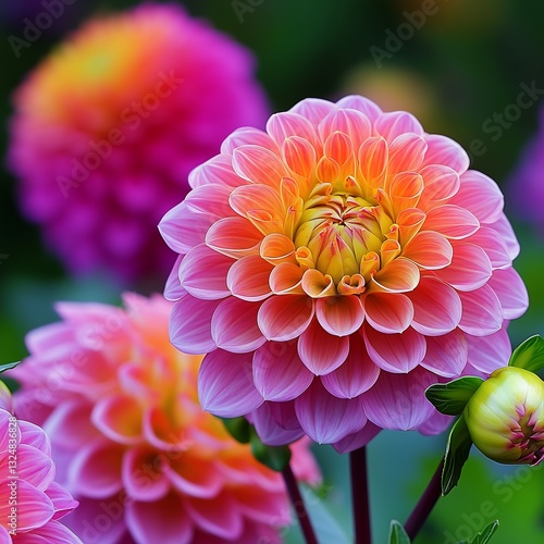 Amazingly beautiful closeup HD photo of pompom Dahlia flowers aThe beauty of dahlias comes in their huge variety of sizes, colors, and forms.  photo