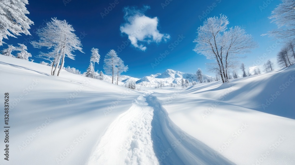 Obraz premium Scenic Snowy Mountain Landscape with Clear Blue Sky and White Trees