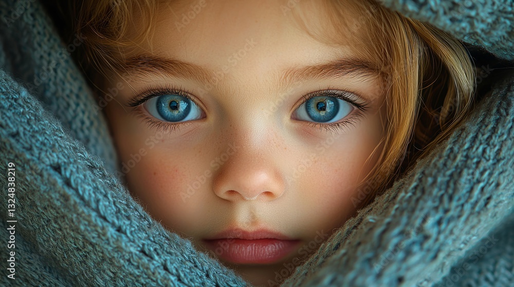 A child hiding under a blanket, peeking out with wide eyes A child hiding under a blanket, peeking out with wide eyes
