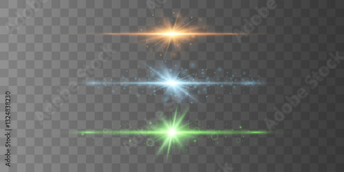 Collection of light flashes and rays. Glowing light effects, on a transparent background. EPS 10.
