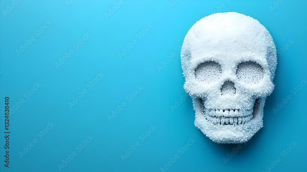 Fototapeta premium White Skull on Turquoise Background with Detailed Texture and Shadows in Top View