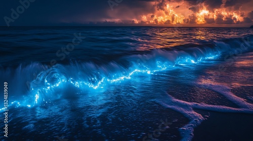 Fototapeta Naklejka Na Ścianę i Meble -  Bioluminescent ocean night wave luminescent water glowing tide rolling surf surreal glowing sea magical nighttime seascape untouched coastline
