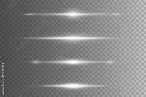 Set of white horizontal glare. Laser beams of light. On a transparent background. EPS 10.