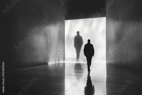 A man walks towards a bright opening, his shadow cast before him in a minimalist, monochrome setting.  A contemplative and mysterious mood.