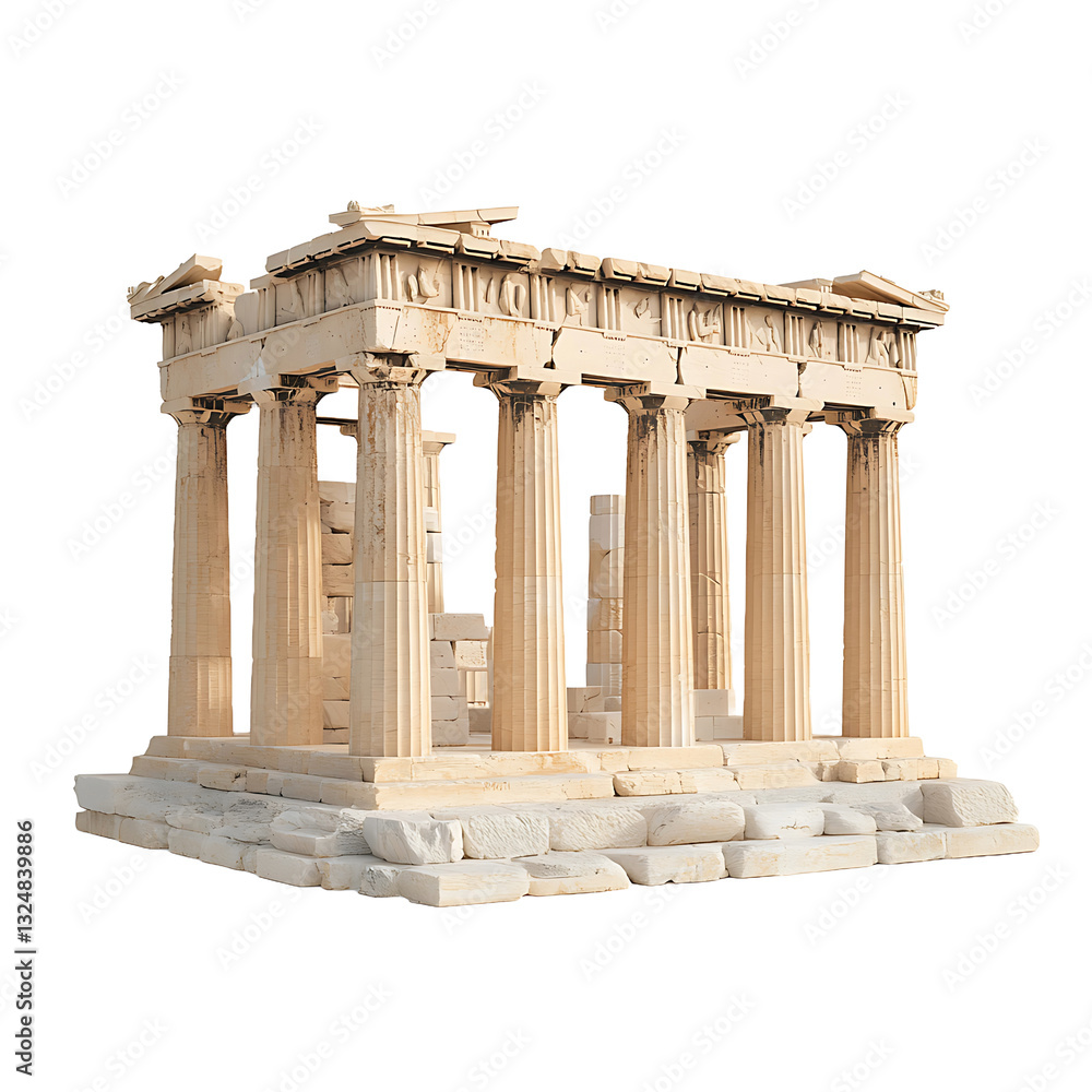 Fototapeta premium Ancient architectural marvel featuring weathered columns and stone construction, evoking history and grandeur. Classical design. Isolated.