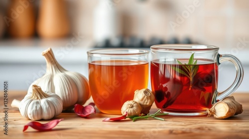 Wellness brew with garlic, ginger, and herbs in clear glass mugs on a wooden board.