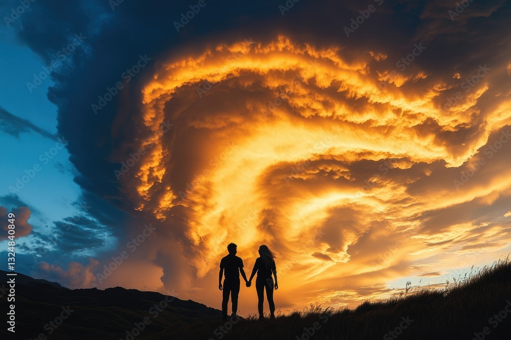 Fototapeta premium Silhouetted couple holding hands against a breathtaking sunset with dramatic, fiery clouds.