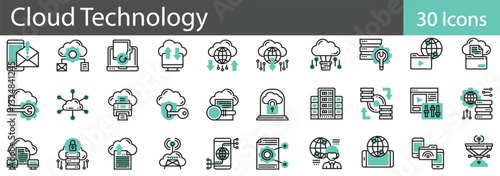 Cloud Technology Line Icons Set. Collection of 30 outline icons representing cloud computing, data storage, and online services. vector illustration.