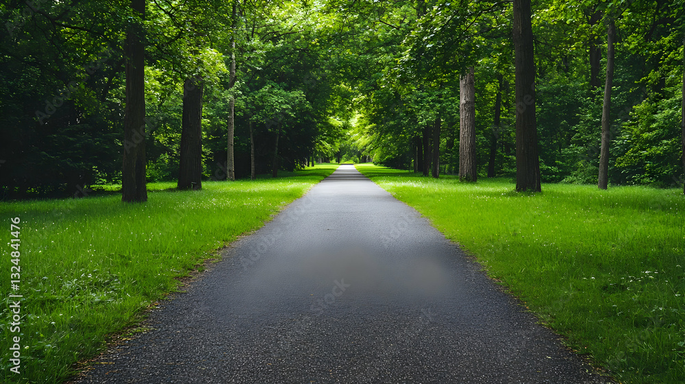 Stone Pathway Through Lush Green Trees And Grasses Under Sunlight In A Park Stone Pathway Through Lush Green Trees And Grasses Under Sunlight In A Park
