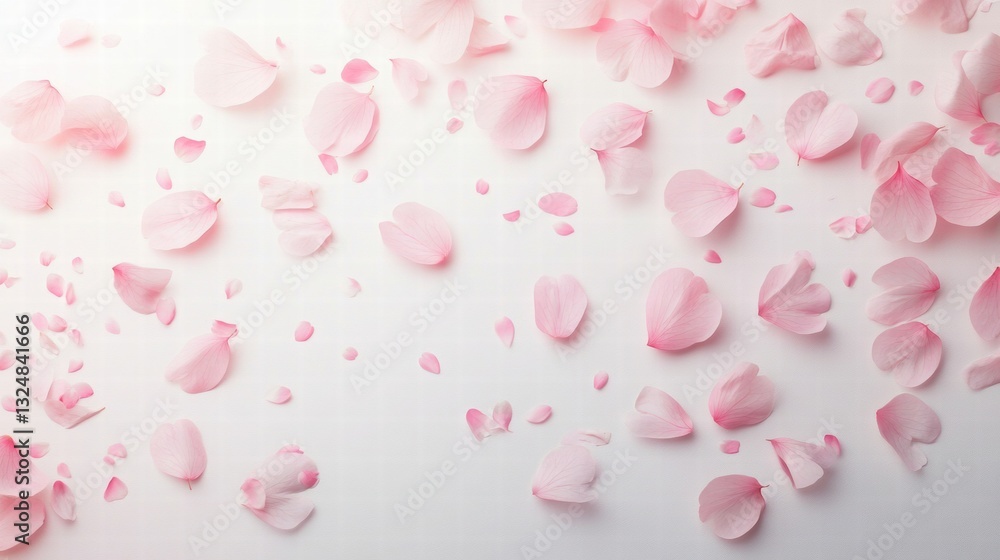 Scattered pink petals on a bright white background, creating a delicate and serene floral pattern, perfect for spring designs and feminine themes, with a minimalist and clean aesthetic Scattered pink petals on a bright white background, creating a delicate and serene floral pattern, perfect for spring designs and feminine themes, with a minimalist and clean aesthetic