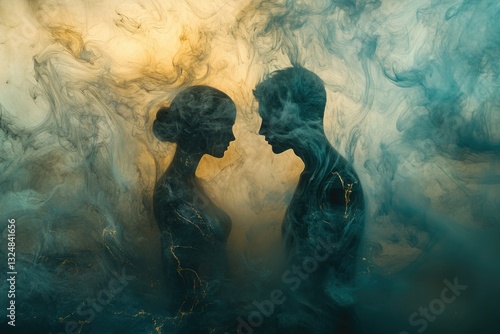 Wallpaper Mural Silhouetted couple embraced by swirling teal and gold smoke, a surreal depiction of love and unity. Torontodigital.ca