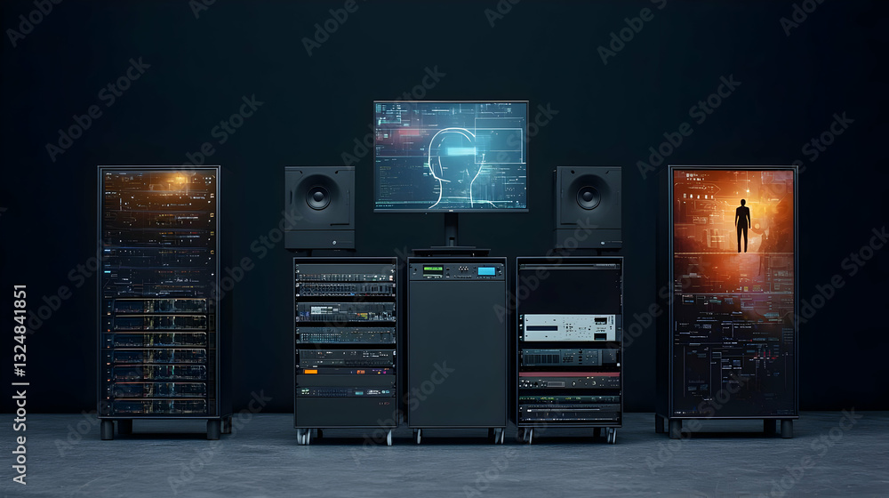 Naklejka premium Technological Equipment Setup Dark Room With Monitors Servers and Speakers Displaying Cityscape Views