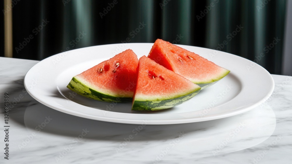 Bright, juicy watermelon slices are neatly arranged on a white plate, highlighting their vibrant red flesh and green rind. A sleek dining table adds a modern touch Bright, juicy watermelon slices are neatly arranged on a white plate, highlighting their vibrant red flesh and green rind. A sleek dining table adds a modern touch