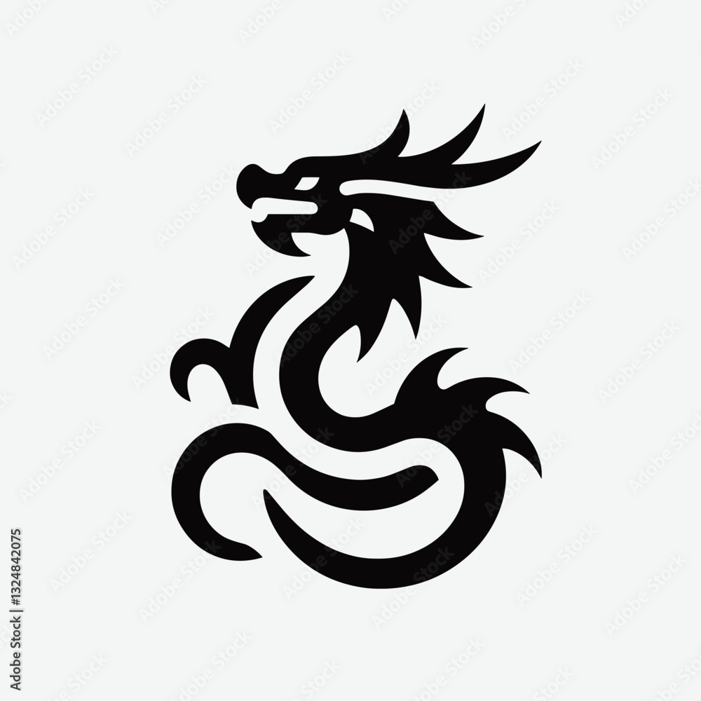 Naklejka premium Stylized dragon illustration in black and white, mythical symbolism