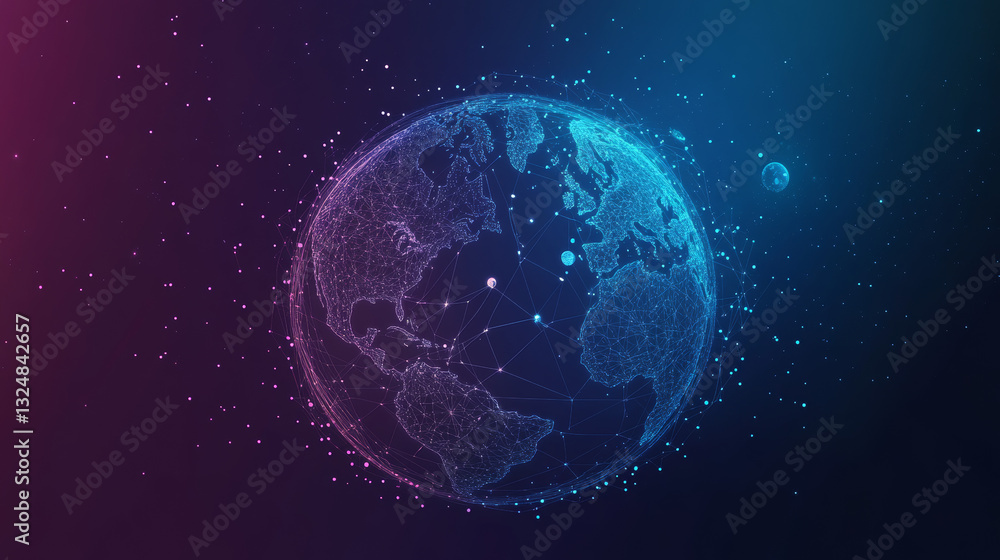 Abstract image planet Earth in the form of a starry sky or space, consisting of points, lines, and shapes in the form of planets, stars and the universe. Earth vector wireframe concept. Blue purple Abstract image planet Earth in the form of a starry sky or space, consisting of points, lines, and shapes in the form of planets, stars and the universe. Earth vector wireframe concept. Blue purple