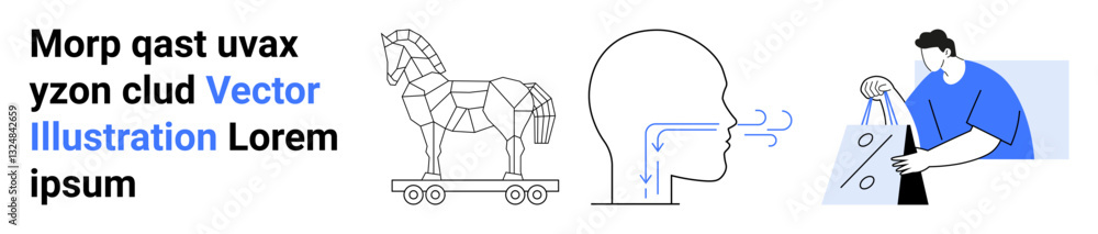 Trojan horse wooden structure on wheels, human head with respiratory system diagram, and a man reviewing online purchase on device. Ideal for cybersecurity, health, e-commerce, education, technology Trojan horse wooden structure on wheels, human head with respiratory system diagram, and a man reviewing online purchase on device. Ideal for cybersecurity, health, e-commerce, education, technology
