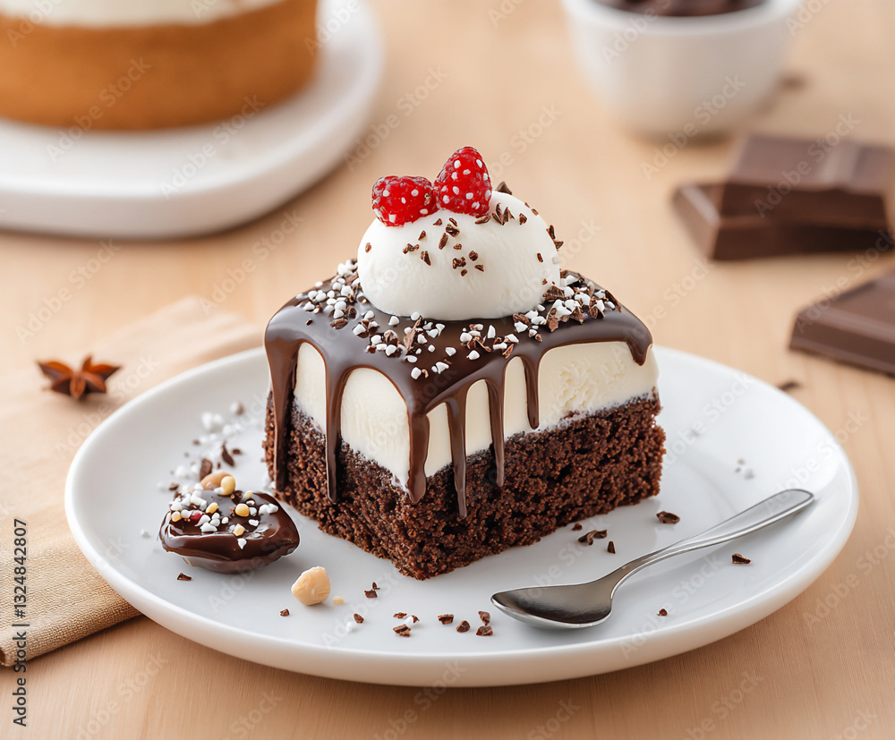 food photography of a brownie lava cake with vanilla ice cream and chocola food photography of a brownie lava cake with vanilla ice cream and chocola