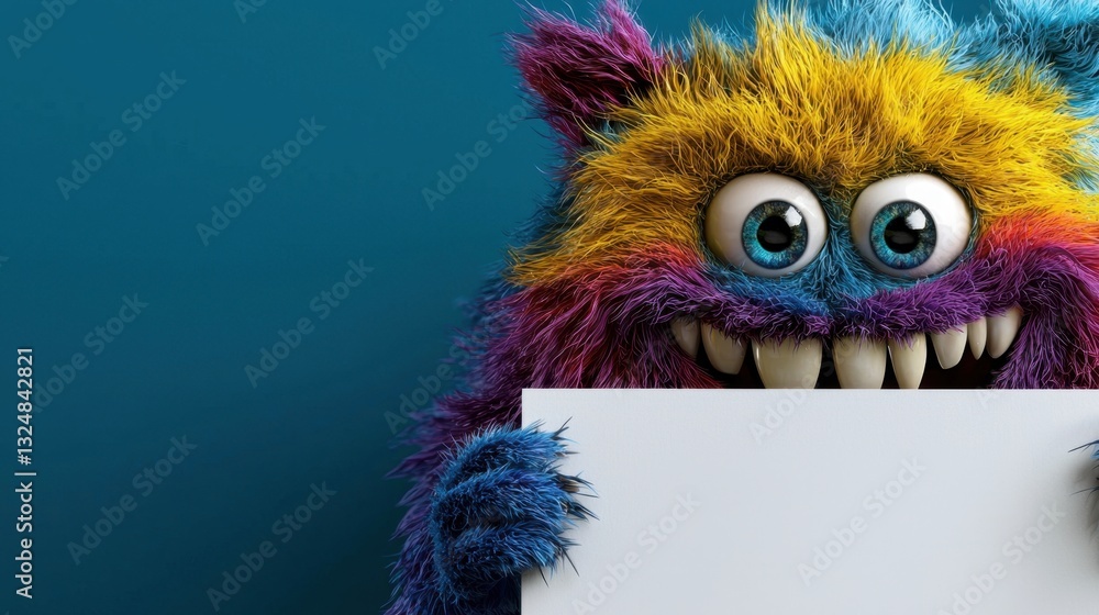 Fototapeta premium A fluffy, multicolored monster with large eyes and a wide grin is holding a blank sign. Its vibrant fur features blue, purple, and yellow tones, creating a whimsical presence