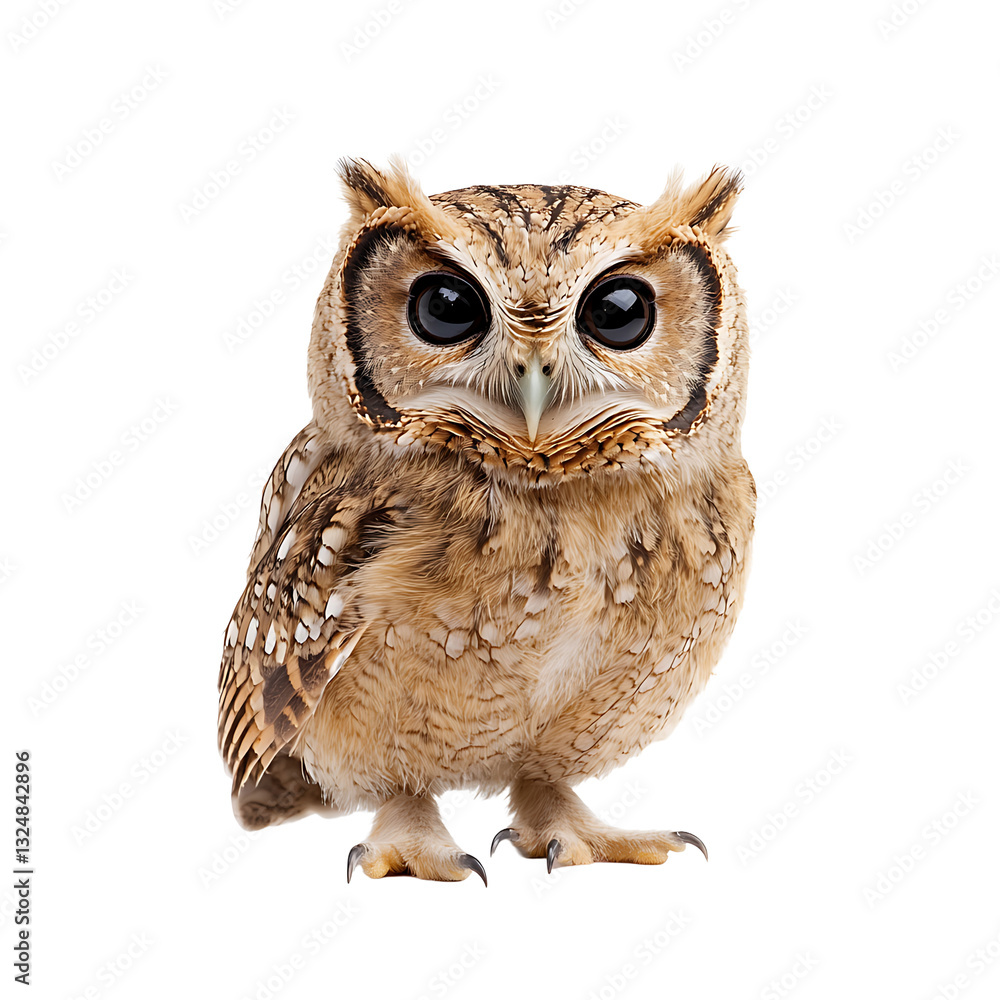 Fototapeta premium Adorable owl with big eyes looks directly at the viewer, displaying its light brown feathers and small, pointed ears against a stark black background.