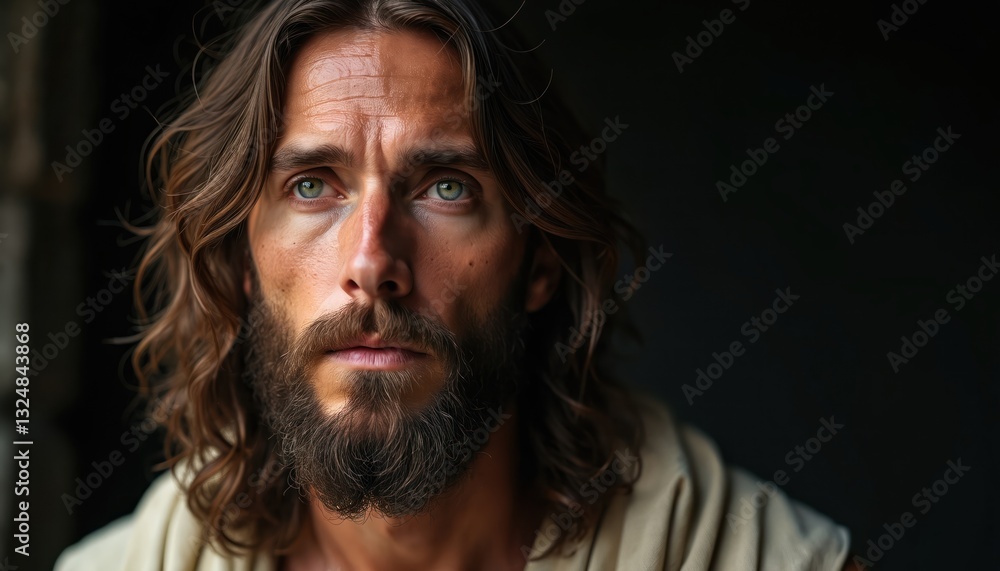 Close-up of man with beard and long hair looking seriously. Portrait of handsome male with light eyes looking at camera. Faith hope, inspiration, religious themes. Close-up of man with beard and long hair looking seriously. Portrait of handsome male with light eyes looking at camera. Faith hope, inspiration, religious themes.