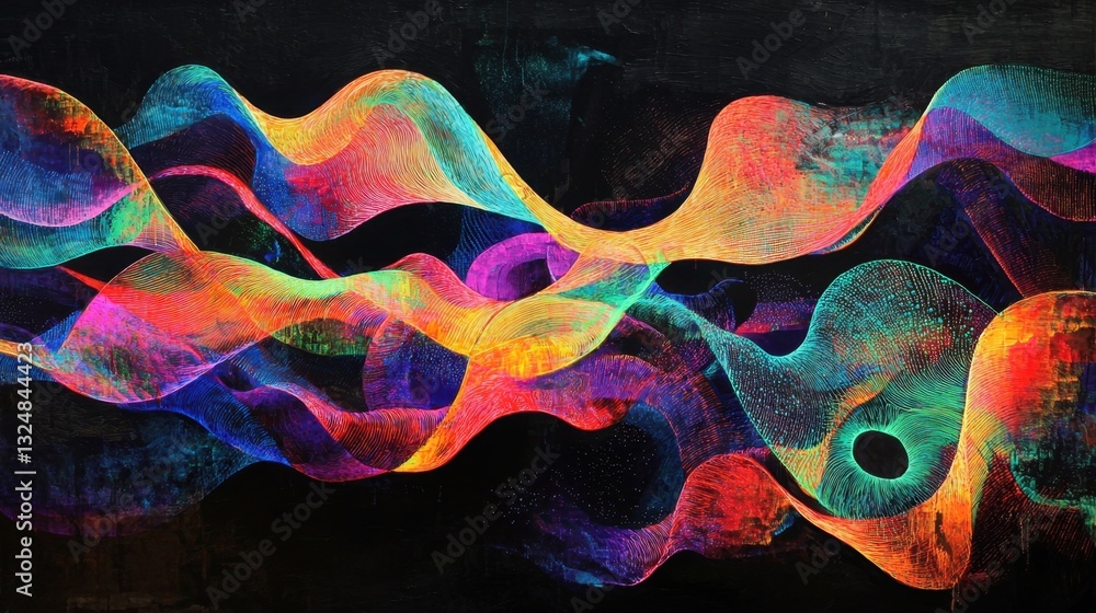 Naklejka premium Swirling lines and curves in bright hues of blue, pink, and orange create a dynamic pattern against a dark background, showcasing modern artistic expression in a gallery setting