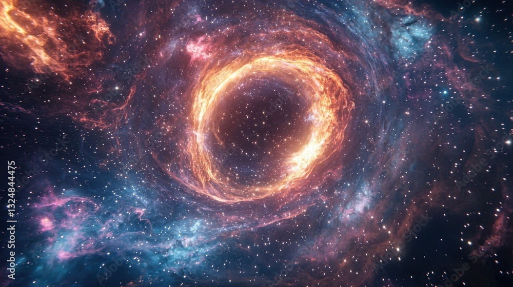 Fototapeta premium A mesmerizing cosmic vortex forms in deep space, surrounded by swirling galaxies, colorful nebulae, and countless twinkling stars, creating a breathtaking celestial spectacle