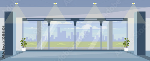 Vector illustration of a modern interior inside the office.Cartoon scene inside the office, large windows, flower pots, streams of light from the ceiling, view from the window of houses, bushes, sky.