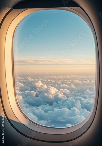 A peaceful and inspiring airplane window view, set against a cloud-filled sky, used for a travel-themed digital project.