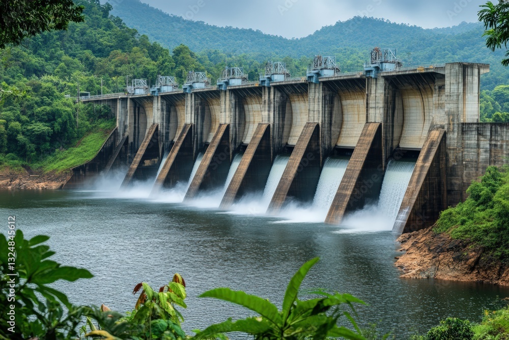 Hydroelectric dam with turbines generating power amidst lush green hills in a serene landscape Generative AI Hydroelectric dam with turbines generating power amidst lush green hills in a serene landscape Generative AI