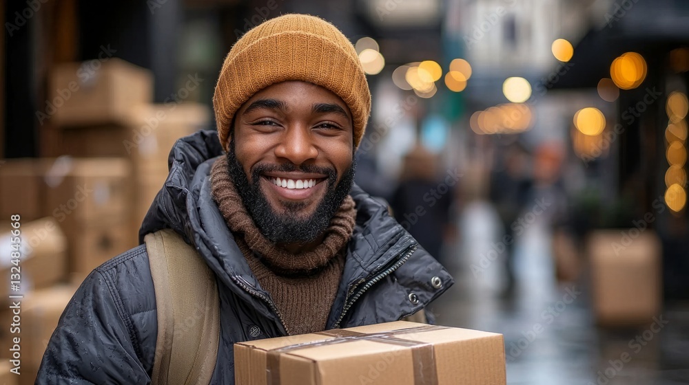 A courier in a uniform smiling while handing a package to a customer A courier in a uniform smiling while handing a package to a customer