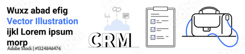 Text elements, CRM, checklist with three items, and briefcase. Ideal for business, project management, office tools, organization, professional services, CRM systems, productivity apps. Landing page