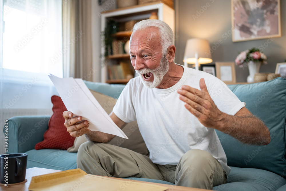 Shocked senior man reading bad news in a letter at home Shocked senior man reading bad news in a letter at home