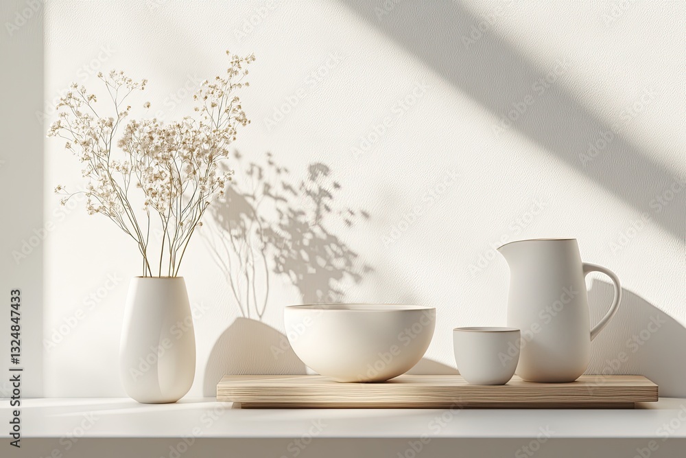 Simple, minimalist display of ceramic and dried botanicals Simple, minimalist display of ceramic and dried botanicals