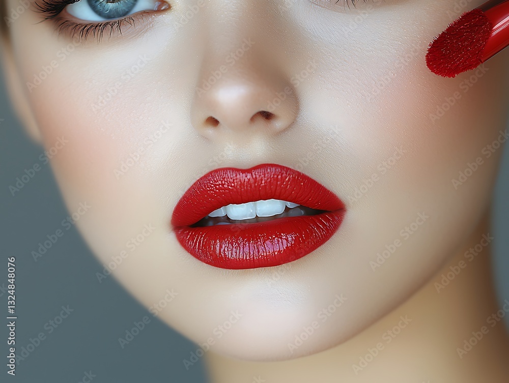 Fototapeta premium Red Lipstick Application for Close-up Beauty.