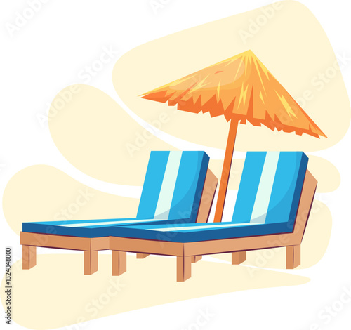 Straw umbrella and sun loungers. Summer tropical resort with private sun loungers on the seashore. Flat vector colorful illustration