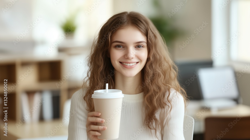 Young Woman with Wavy Hair Holding Drink in Cozy Cafe Setting Young Woman with Wavy Hair Holding Drink in Cozy Cafe Setting