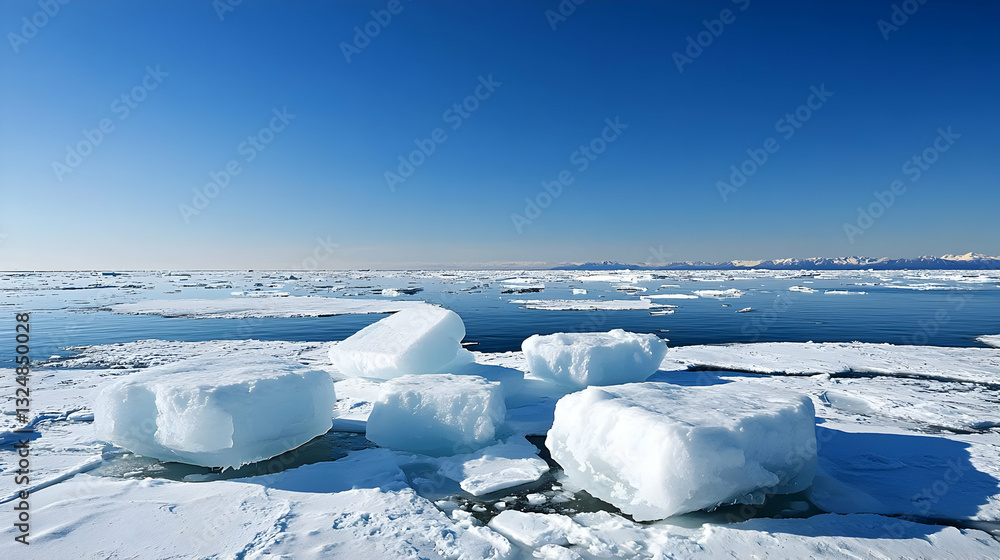 Blue Sky Over Sea Ice Chunks and Floating Blocks in a Cold Arctic Landscape Blue Sky Over Sea Ice Chunks and Floating Blocks in a Cold Arctic Landscape