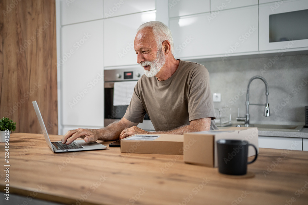 Senior man managing online orders from home kitchen Senior man managing online orders from home kitchen