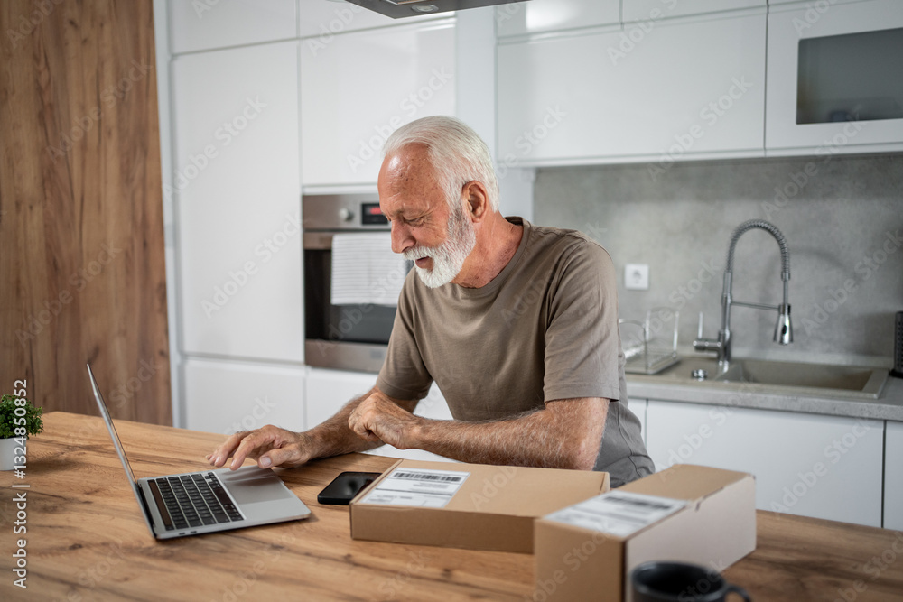 Senior man managing online orders in his kitchen Senior man managing online orders in his kitchen
