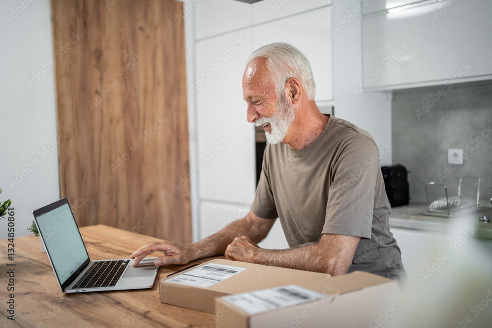 Senior man preparing a shipment at home using laptop Senior man preparing a shipment at home using laptop