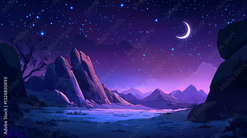 Fototapeta premium Mystical night sky with a crescent moon and twinkling stars , sichelmond, night, sky, crescent, moon, stars, mystical. Midnight Shine. Illustration