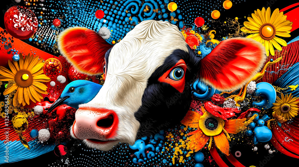 Obraz premium A cow with a bird on its head surrounded by flowers and birds