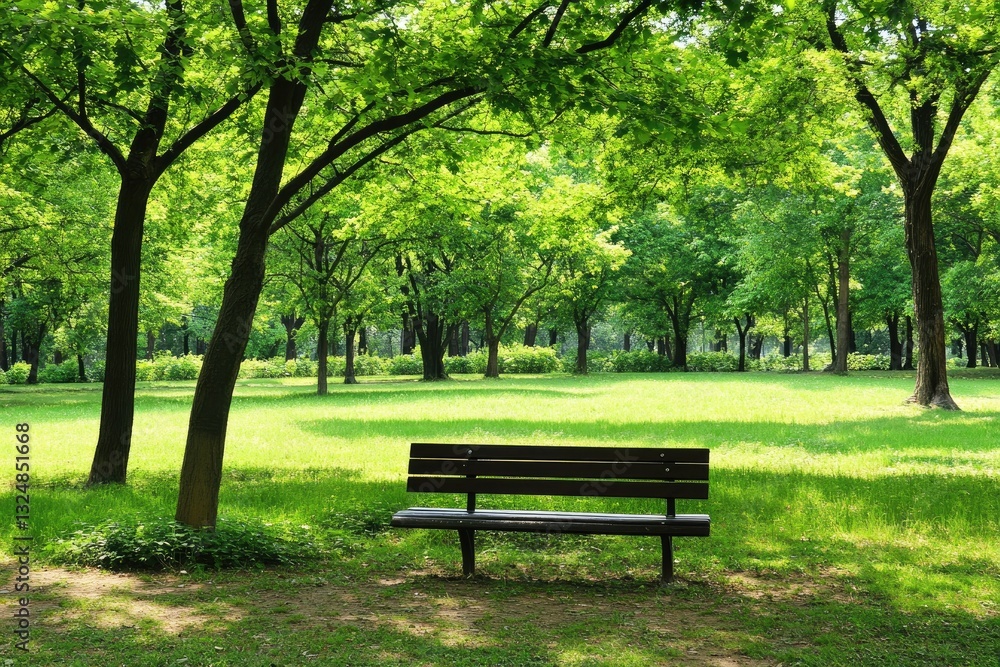 Tranquil park scene. Lush green trees, vibrant grass, peaceful bench Tranquil park scene. Lush green trees, vibrant grass, peaceful bench