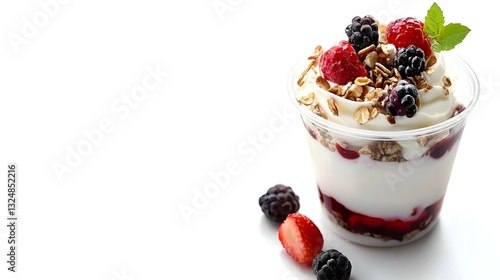 Plastic cup with yogurt on white background